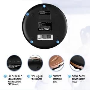 HOTT CD711T Portable CD Player with Bluetooth 5.0, 45s Anti-Shock, 7-Hour Rechargeable Battery | Black thumbnail 7