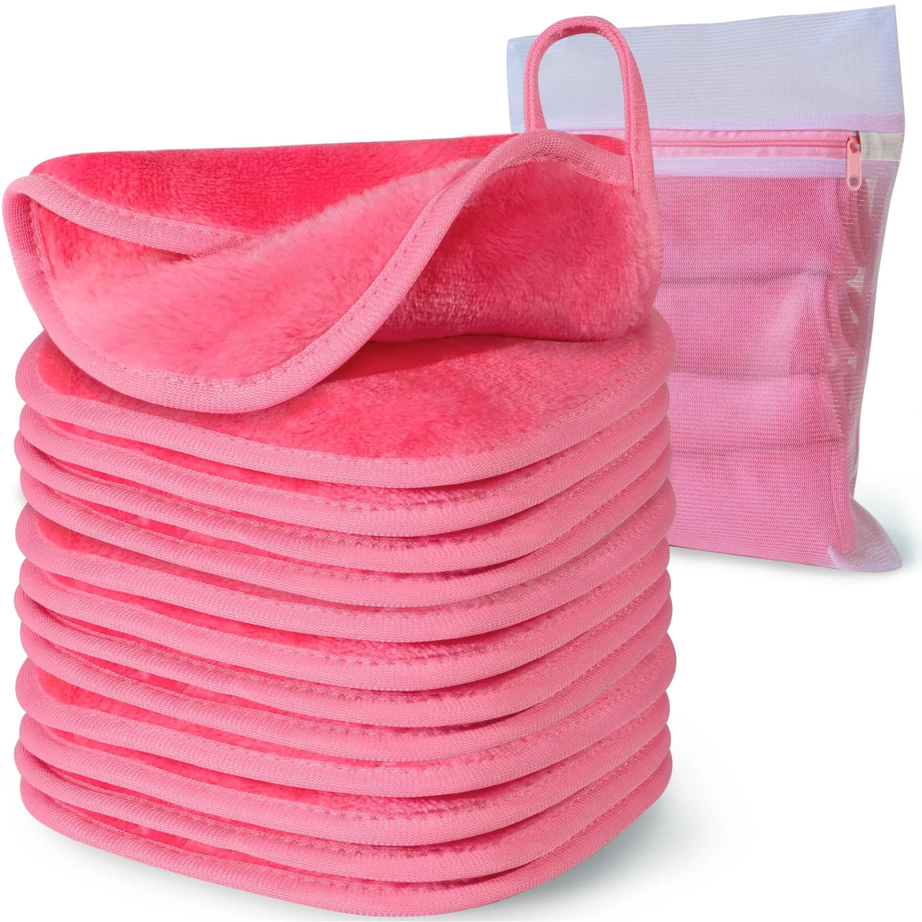 Natwag Reusable Makeup Remover Cloths 15cm x 15cm (6" x 6") | Pack of 12 Microfiber Face Washcloths with Mesh Bag — Pink