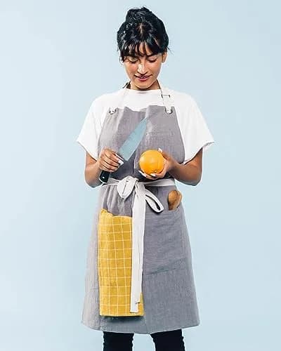 Caldo Linen Kitchen Apron for Cooking | Adjustable with Pockets, Unisex, Grey thumbnail 4