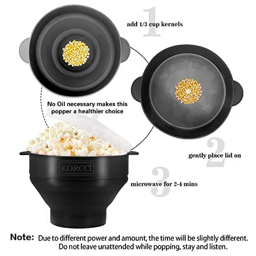 KORCCI Collapsible Silicone Popcorn Popper Bowl - Black | Healthy Microwave Popcorn Maker thumbnail 4