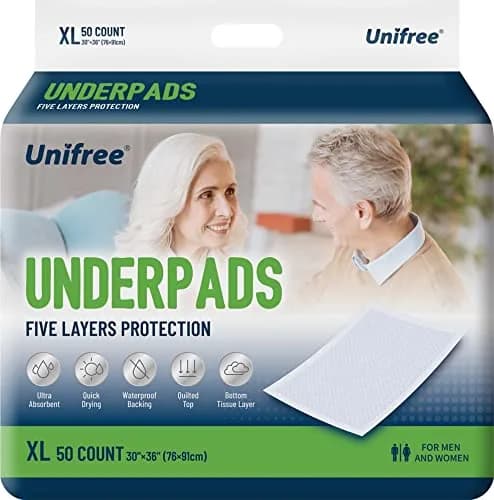 UNIFREE Disposable Underpads 50 Count | Super Absorbent Bed & Incontinence Pad (76 in) for Adults & Elderly thumbnail 1