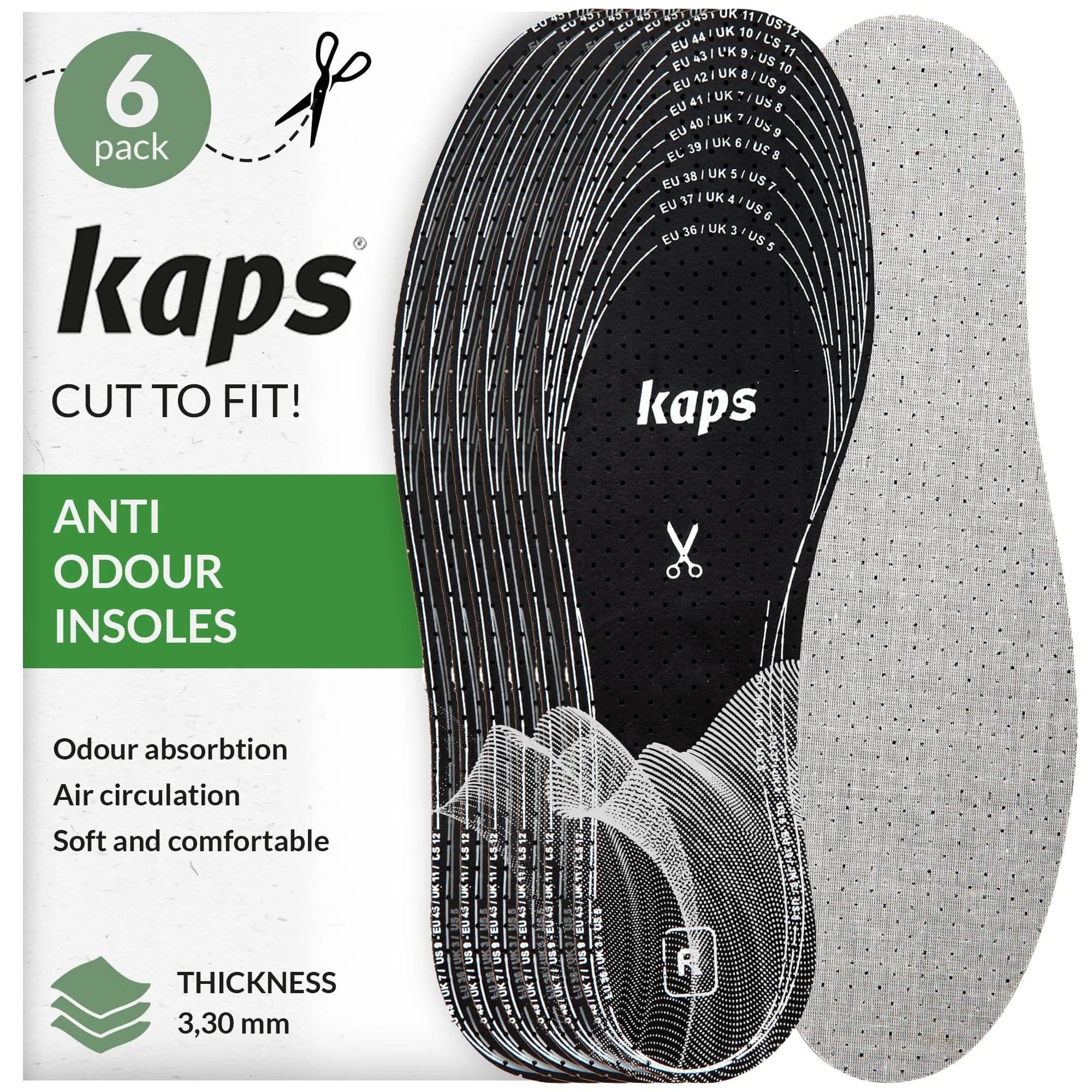 Kaps Odour Stop Shoe Insoles 12 Pairs (6 Pairs Per Pack x 2 Packs) | Charcoal Odour Control & Breathability — Gray