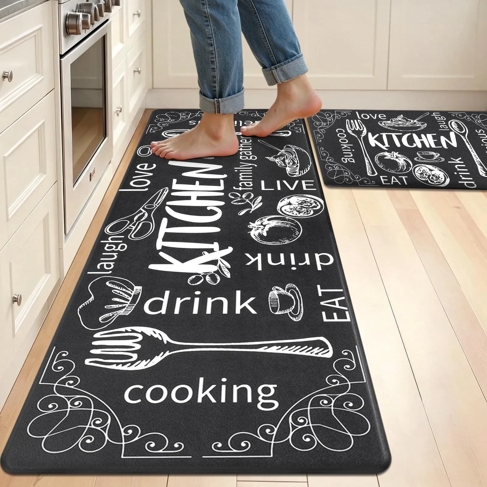 HEBE Anti-Fatigue Kitchen Mats Set of 2 | 1 cm (0.4 inch) Thick Cushioned Comfort for Floor, Sink, Stove, Laundry Room, Office - main product image