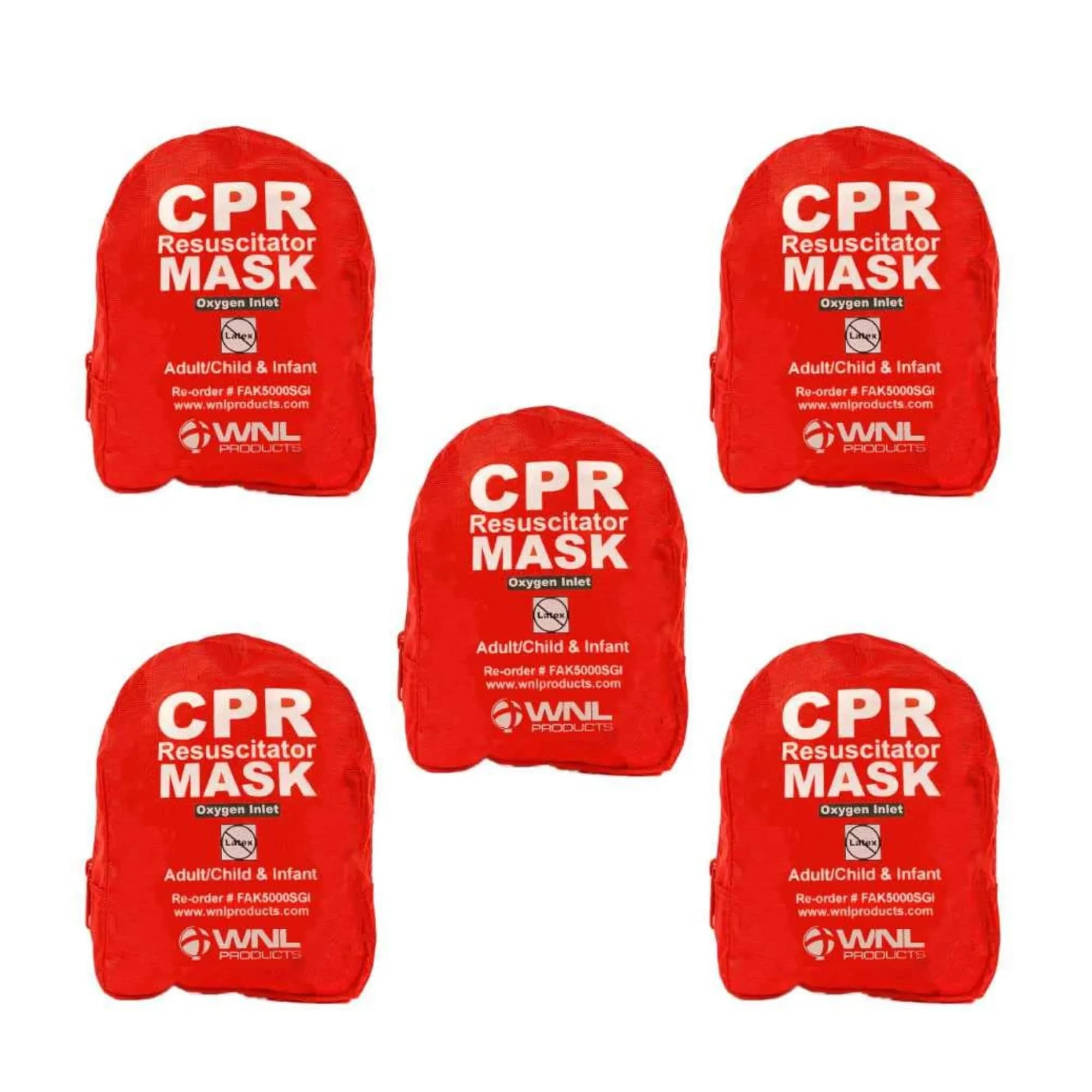 WNL Products CPR Rescue Mask Kit with Infant Mask, 5 Pack | Adult/Child & Infant CPR Mask with One-Way Valve, Filter, Gloves, Wipe in Soft Red Case