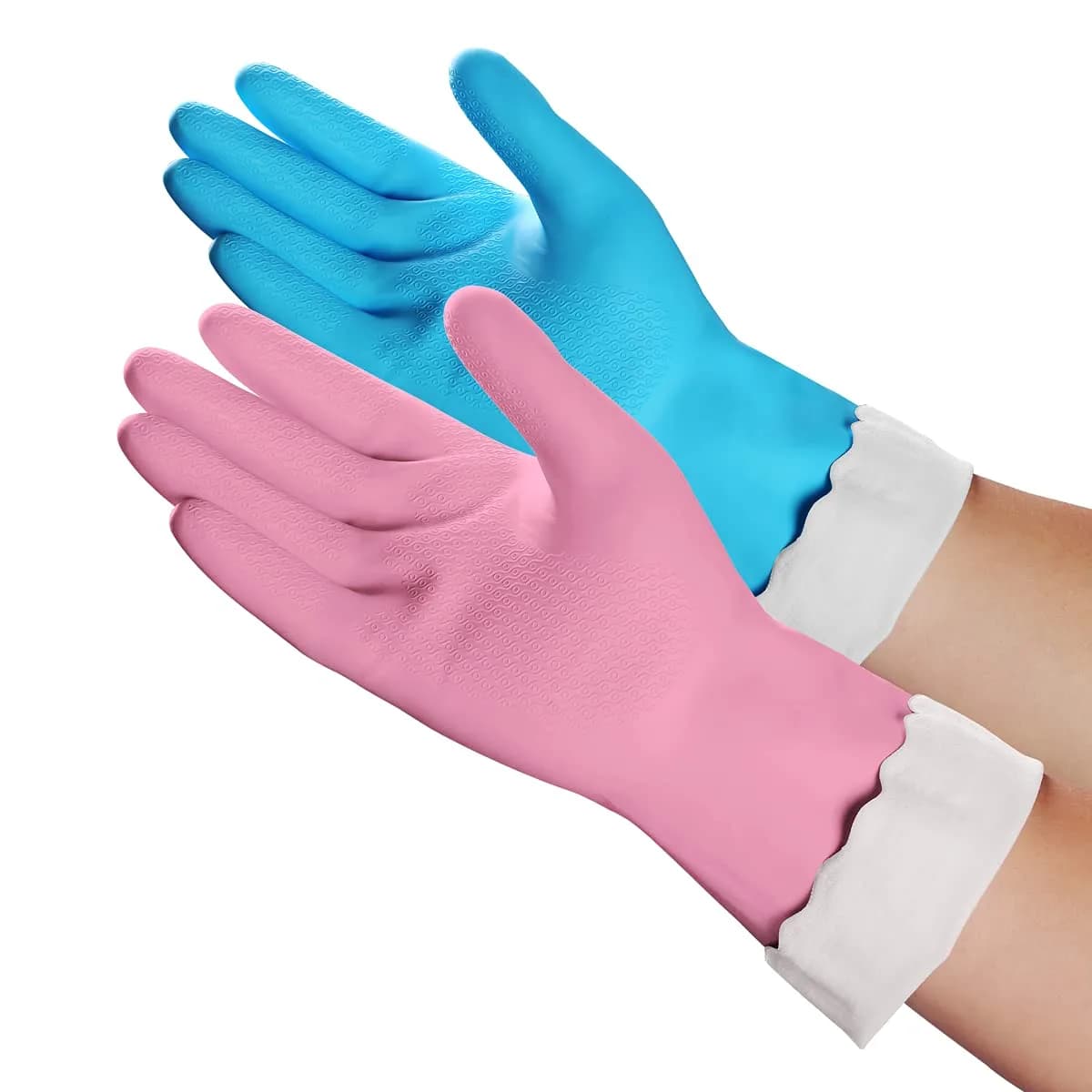 HSL Latex-Free Cleaning Gloves, Cotton Flocked Liner, 2 Pairs, Medium (135 g / 0.3 lb) — Blue+pink / Large