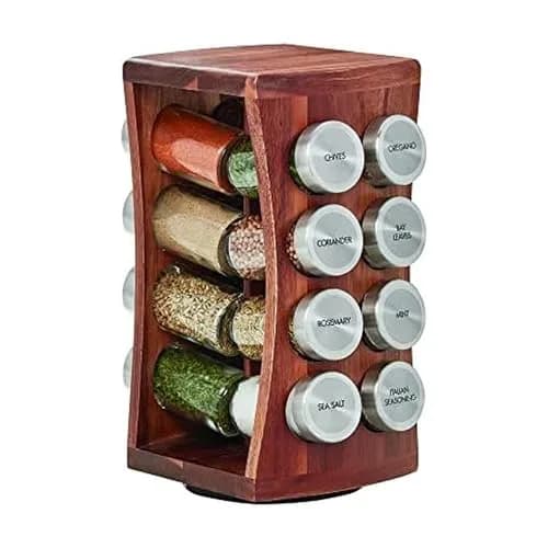 Kamenstein 16 Jar Hourglass Revolving Spice Rack with Spices Included, FREE Refills for 5 Years, Acacia & Stainless Steel Caps thumbnail 1