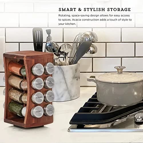 Kamenstein 16 Jar Hourglass Revolving Spice Rack with Spices Included, FREE Refills for 5 Years, Acacia & Stainless Steel Caps thumbnail 2