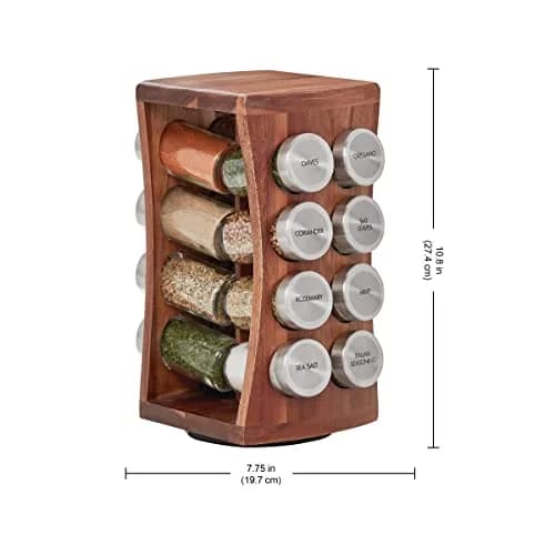 Kamenstein 16 Jar Hourglass Revolving Spice Rack with Spices Included, FREE Refills for 5 Years, Acacia & Stainless Steel Caps thumbnail 3