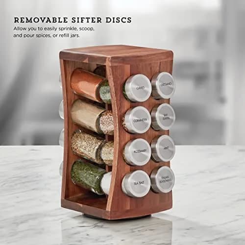 Kamenstein 16 Jar Hourglass Revolving Spice Rack with Spices Included, FREE Refills for 5 Years, Acacia & Stainless Steel Caps thumbnail 4