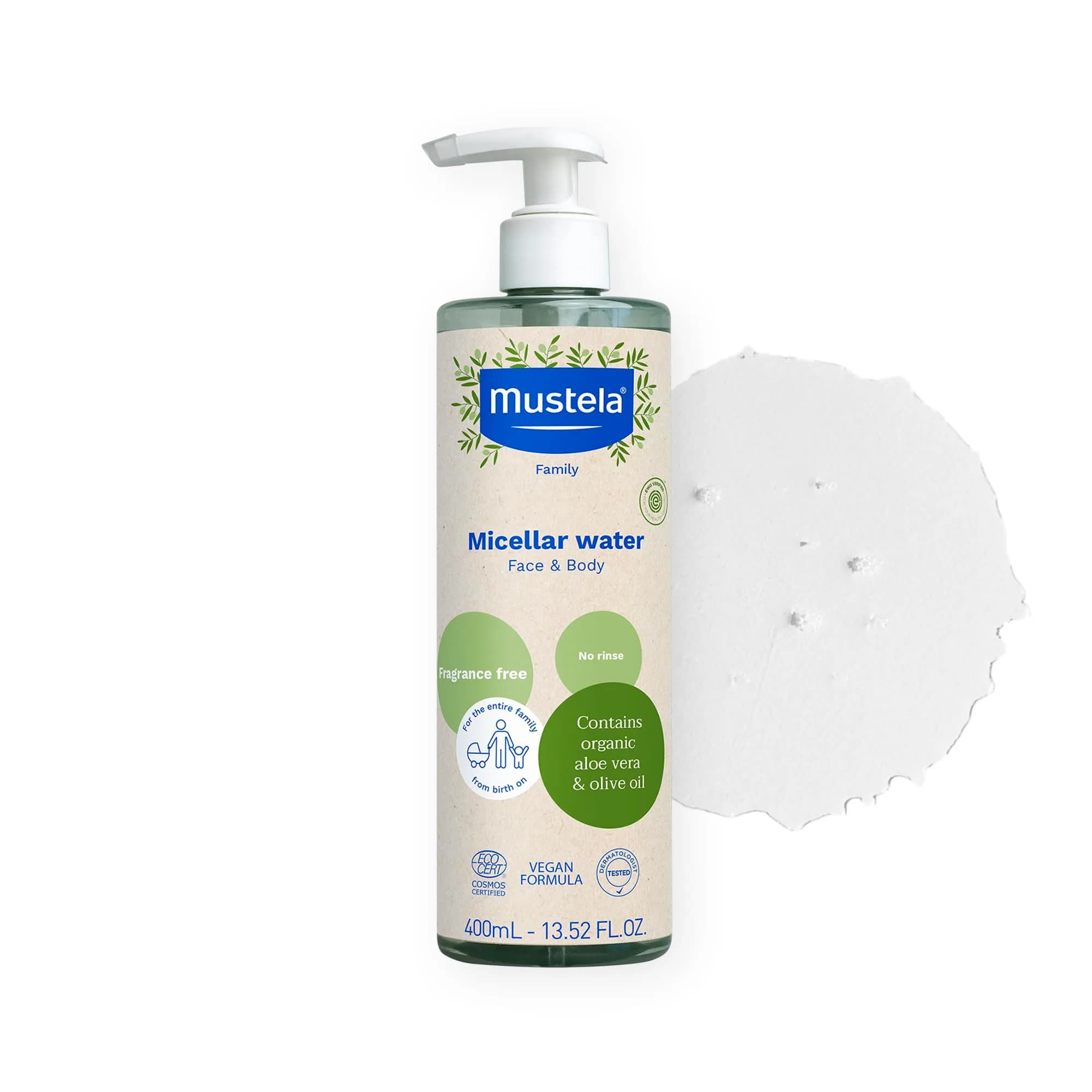 Mustela Certified Organic Micellar Cleansing Water 400ml (13.52 Fl Oz) | Gentle Rinse-Free Natural Cleanser for Baby, Kid & Adult - main product image