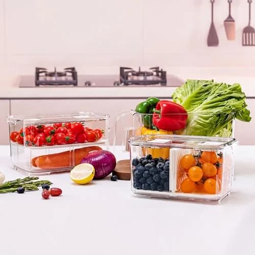 elabo Fruit Storage Containers Fridge Produce Saver- Stackable Refrigerator Organizer Keeper Drawers Bins with Lids and Removable Drain Tray for Veggie, Berry and Fruits, 1 Medium and 1 Large | Keep Fruits & Vegetables Fresh thumbnail 6