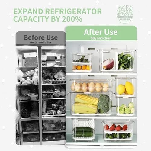 elabo Fruit Storage Containers Fridge Produce Saver- Stackable Refrigerator Organizer Keeper Drawers Bins with Lids and Removable Drain Tray for Veggie, Berry and Fruits, 1 Medium and 1 Large | Keep Fruits & Vegetables Fresh thumbnail 4