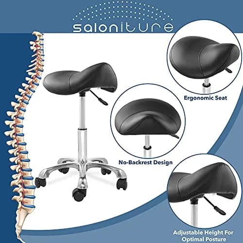 Saloniture Professional Ergonomic Saddle Stool Black | 19.5cm (7.68in) Wide Seat, Adjustable Height 49.5-64.8cm (19.5-25.5in) thumbnail 2