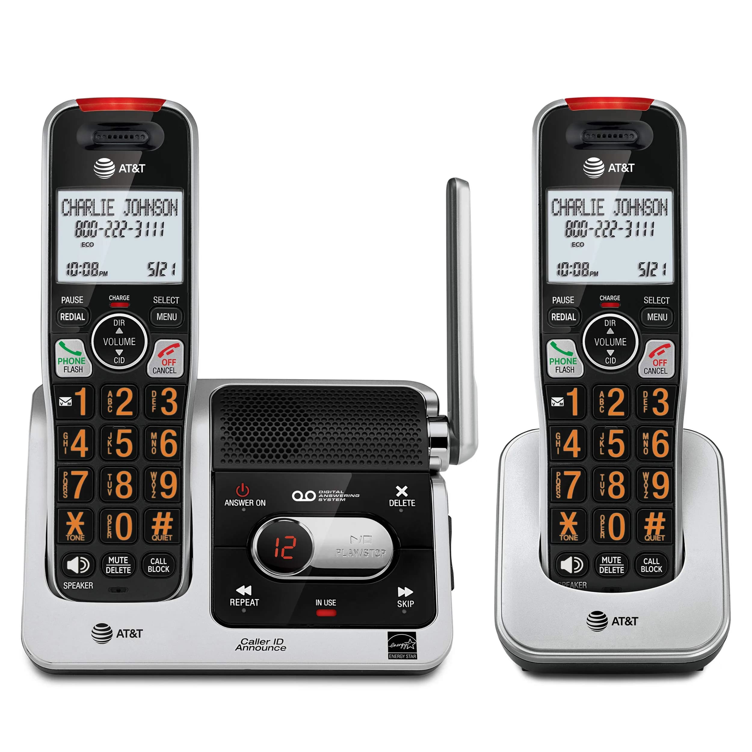 AT&T BL102-2 DECT 6.0 Cordless Phone System with Answering Machine, Call Blocking, Caller ID Announce, Audio Assist, Intercom, Silver/Black (2 Handsets) - main product image