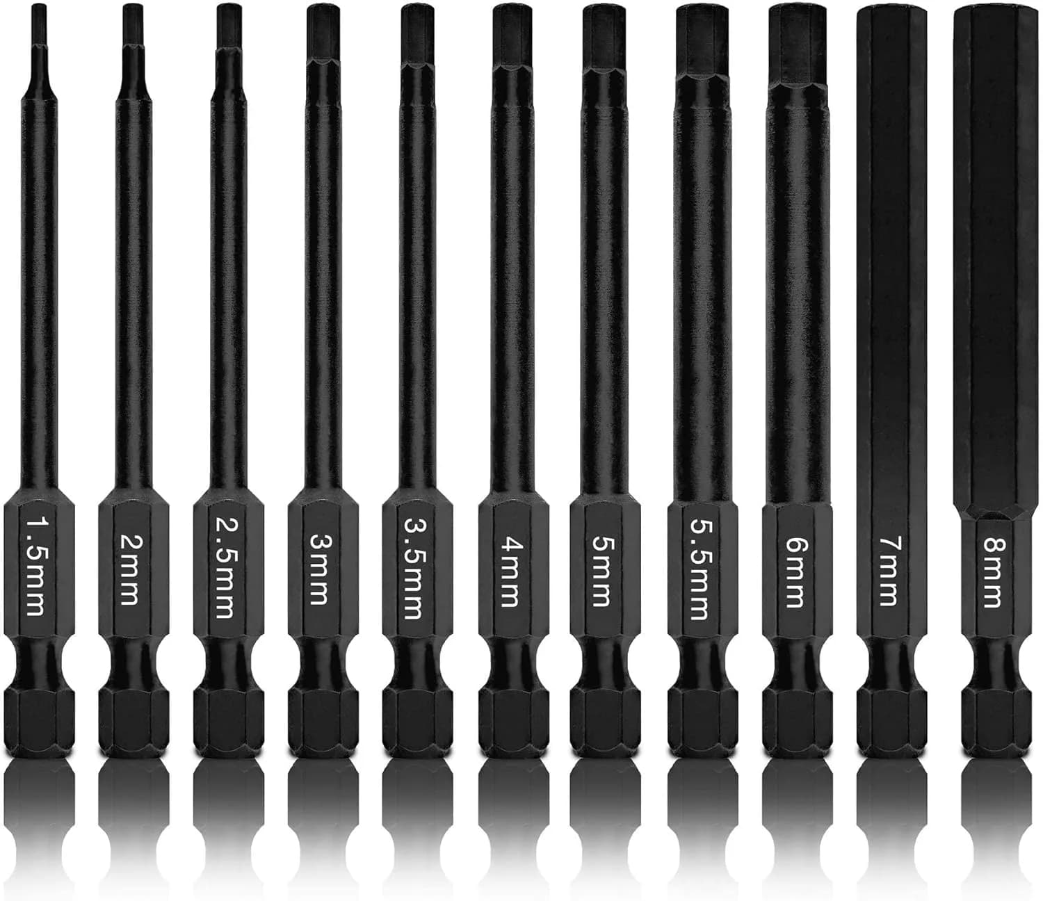 NEIKO 01148A Hex Allen Power Bit Set, 11-Piece Metric Sizes 1.5mm to 8mm | Magnetic Head Bits with 3 Quick Release Shanks — Hex Bit