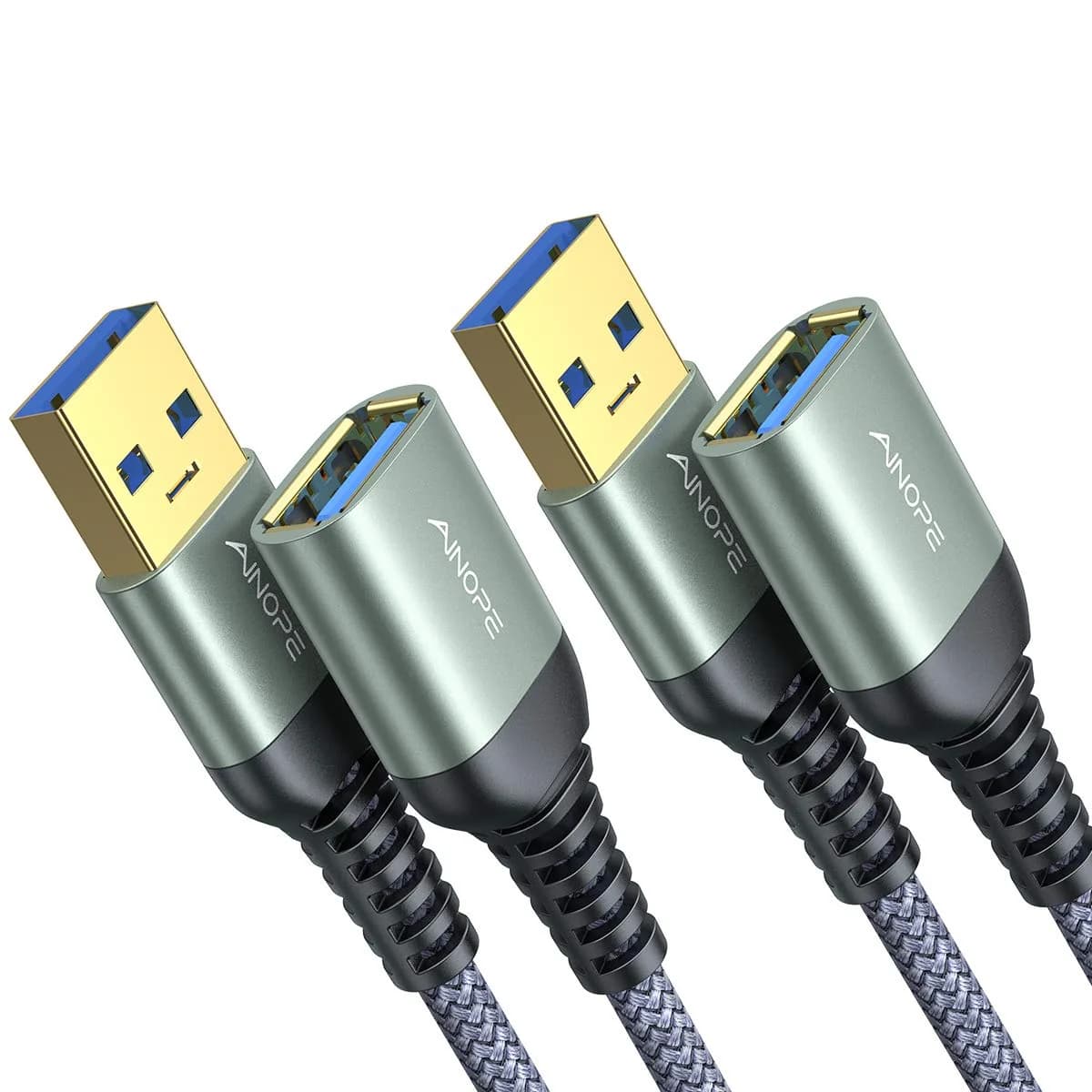 AINOPE 2 Pack USB 3.0 Extension Cable 2m (6.6ft) Black | High Speed Data Transfer & Charging — Grey / 10FT+10FT