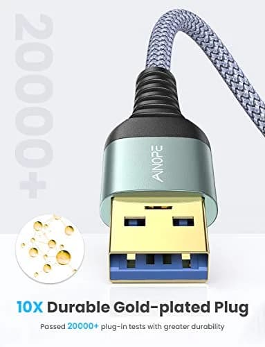 AINOPE 2 Pack USB 3.0 Extension Cable 10FT | High-Speed Data & Fast Charging with Reinforced Braided Material thumbnail 4