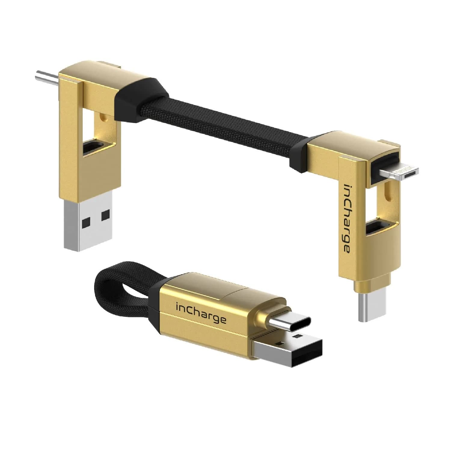 Rolling Square inCharge 6 Keychain USB C Charger Cable, Lightning & Micro-USB, 15cm (0.5ft) | Universal 6-in-1 Charging Cable — Gold
