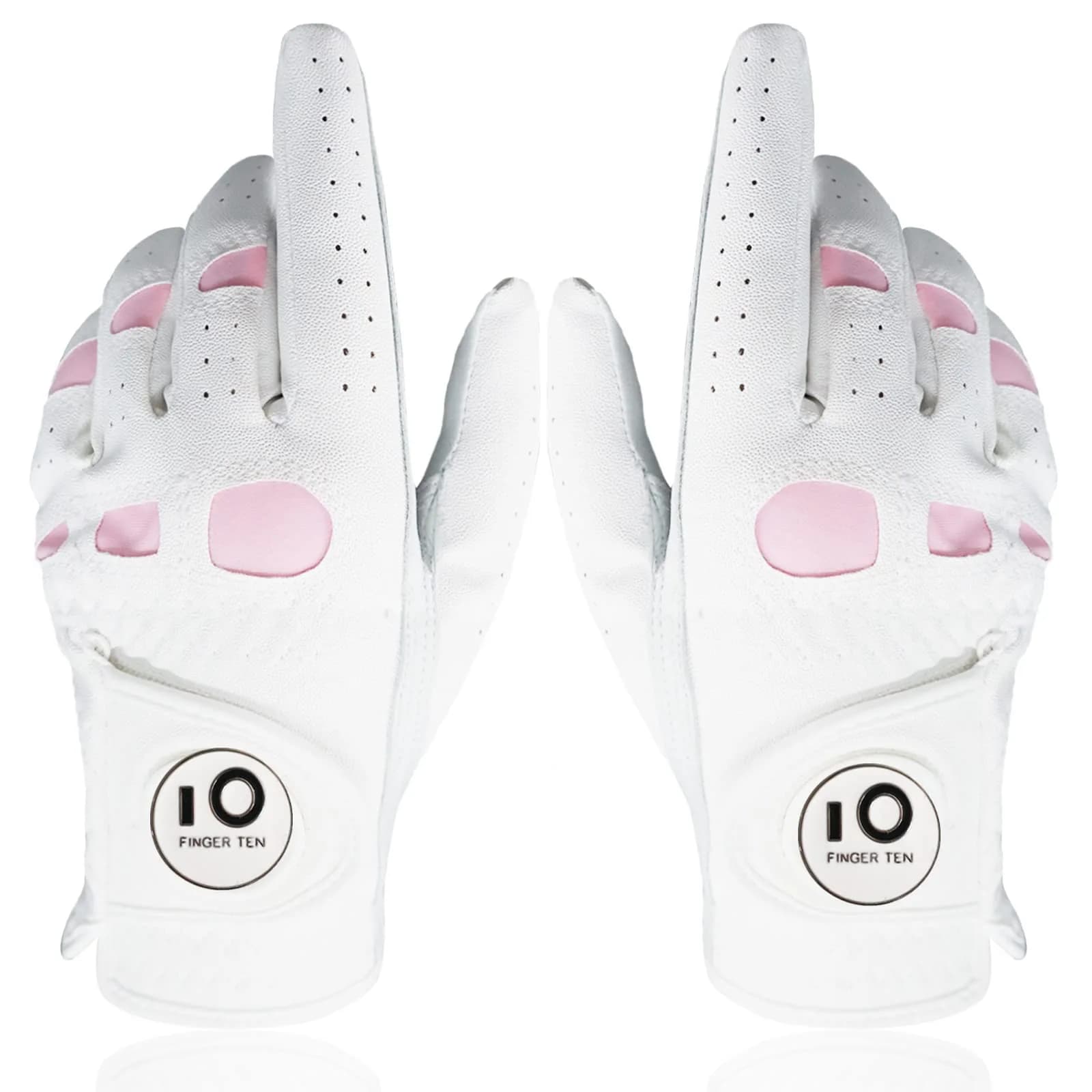 FINGER TEN Women's Leather Golf Gloves with Ball Marker, White&Pink, Small | Enhanced Grip & Comfort for Female Golfers - main product image