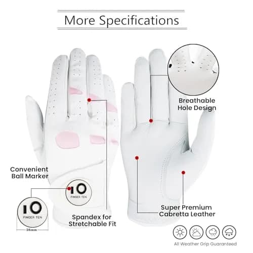 FINGER TEN Women's Leather Golf Gloves with Ball Marker, White&Pink, Small | Enhanced Grip & Comfort for Female Golfers thumbnail 2