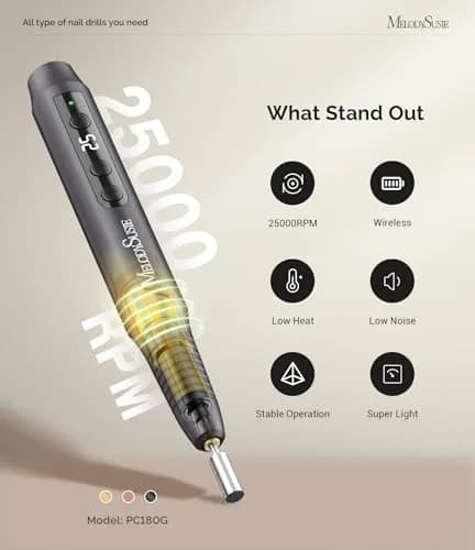 MelodySusie Pen-Shaped Portable Cordless Nail Drill 25000RPM | Rechargeable Electric File with LED Display for Nail Art & Acrylic Gel Removal thumbnail 4