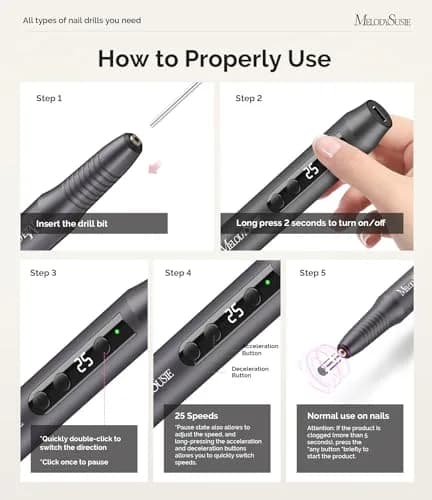 MelodySusie Pen-Shaped Portable Cordless Nail Drill 25000RPM | Rechargeable Electric File with LED Display for Nail Art & Acrylic Gel Removal thumbnail 5