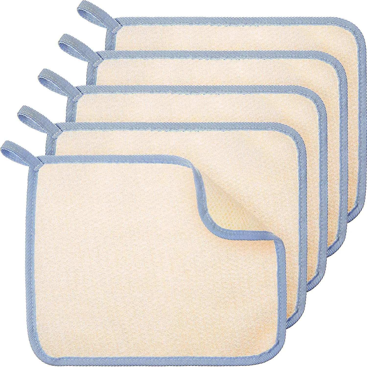 Tatuo 5 Pcs Exfoliating Washcloth Set | Dual-Sided Nylon Scrub & Soft Texture Towels — Blue Edge