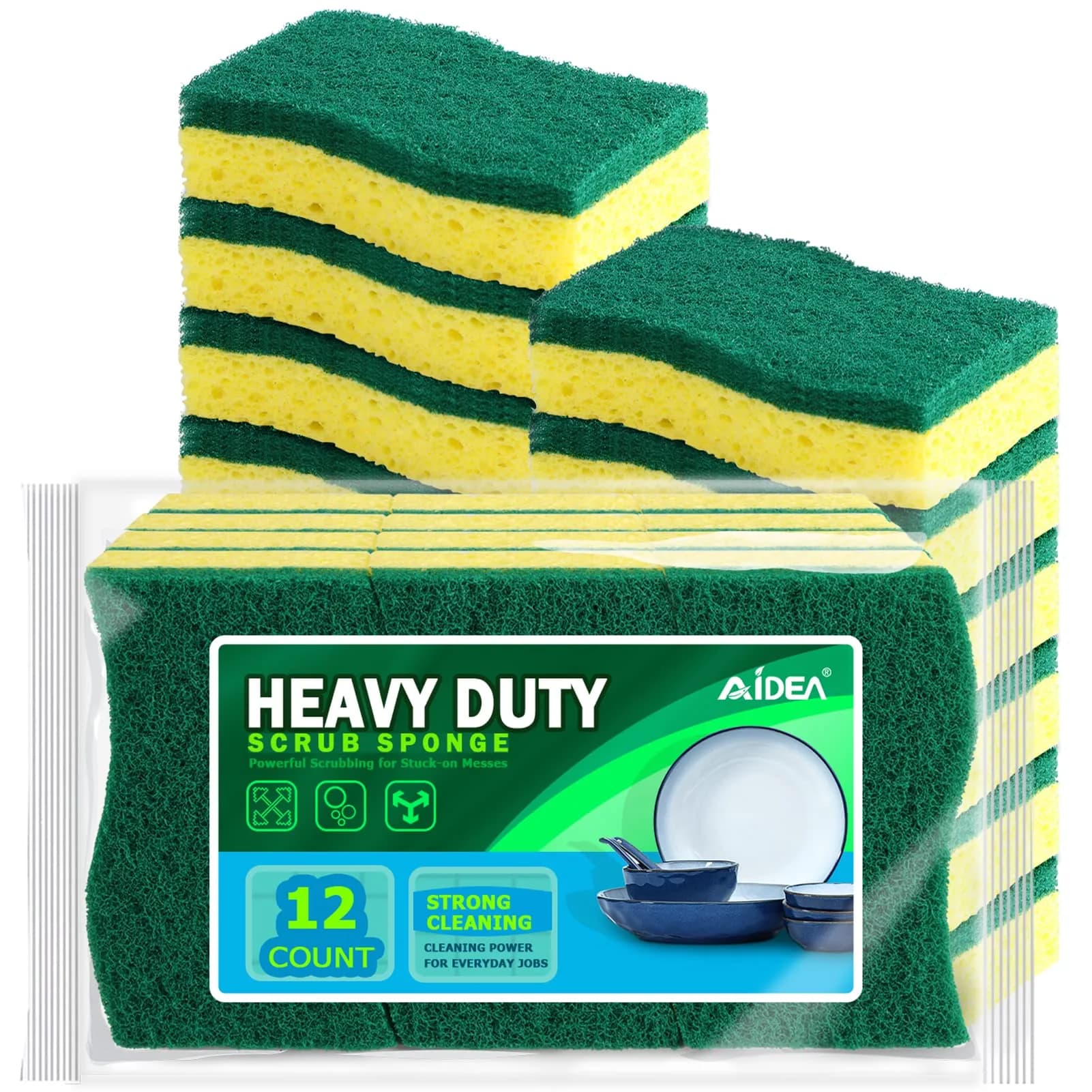 AIDEA Heavy Duty Cleaning Sponges (12 Count, Green) | Natural Biodegradable Scrubbing Power