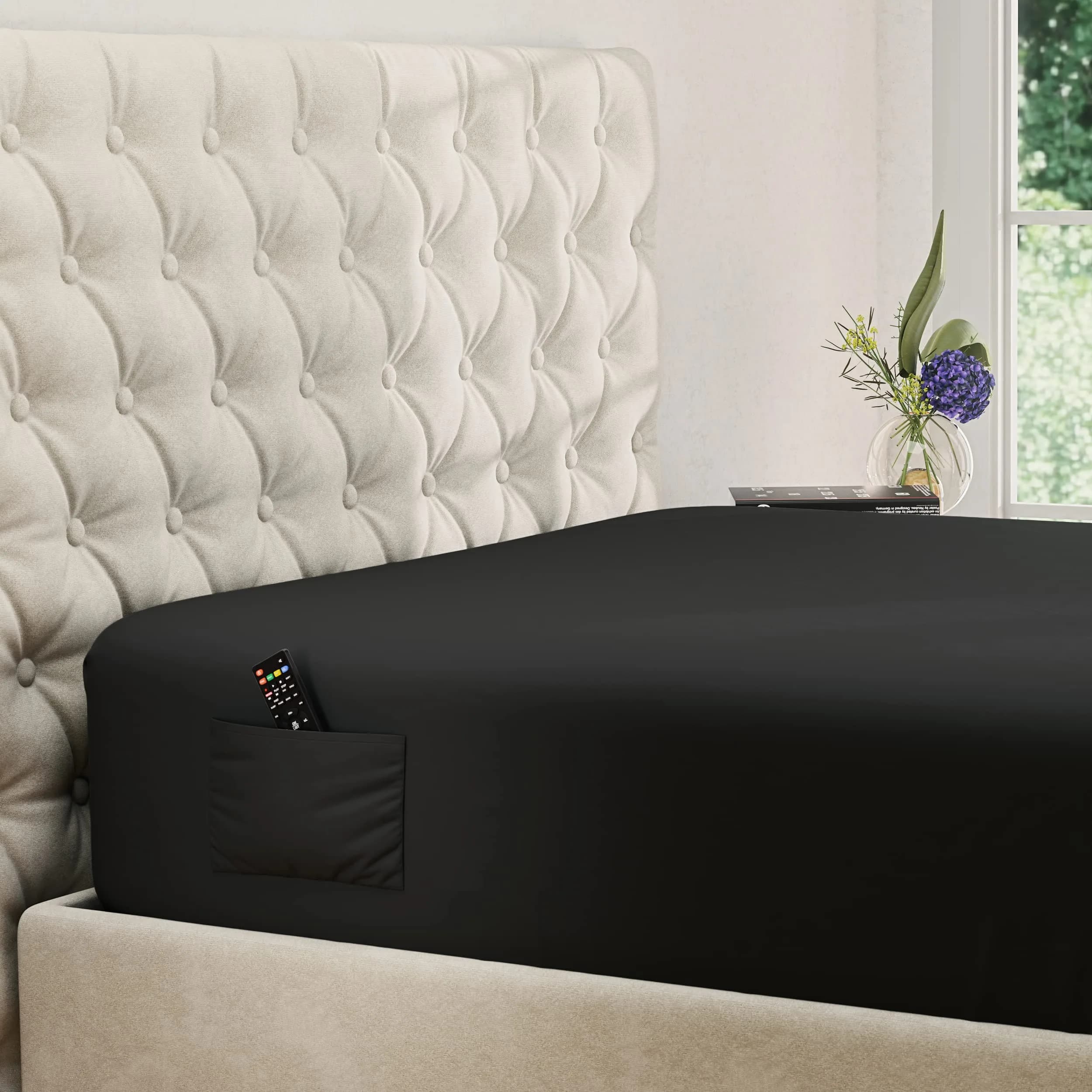 DREAMCARE King Fitted Sheet Only - Extra Deep Pocket Microfiber Bed Sheet in Black - main product image