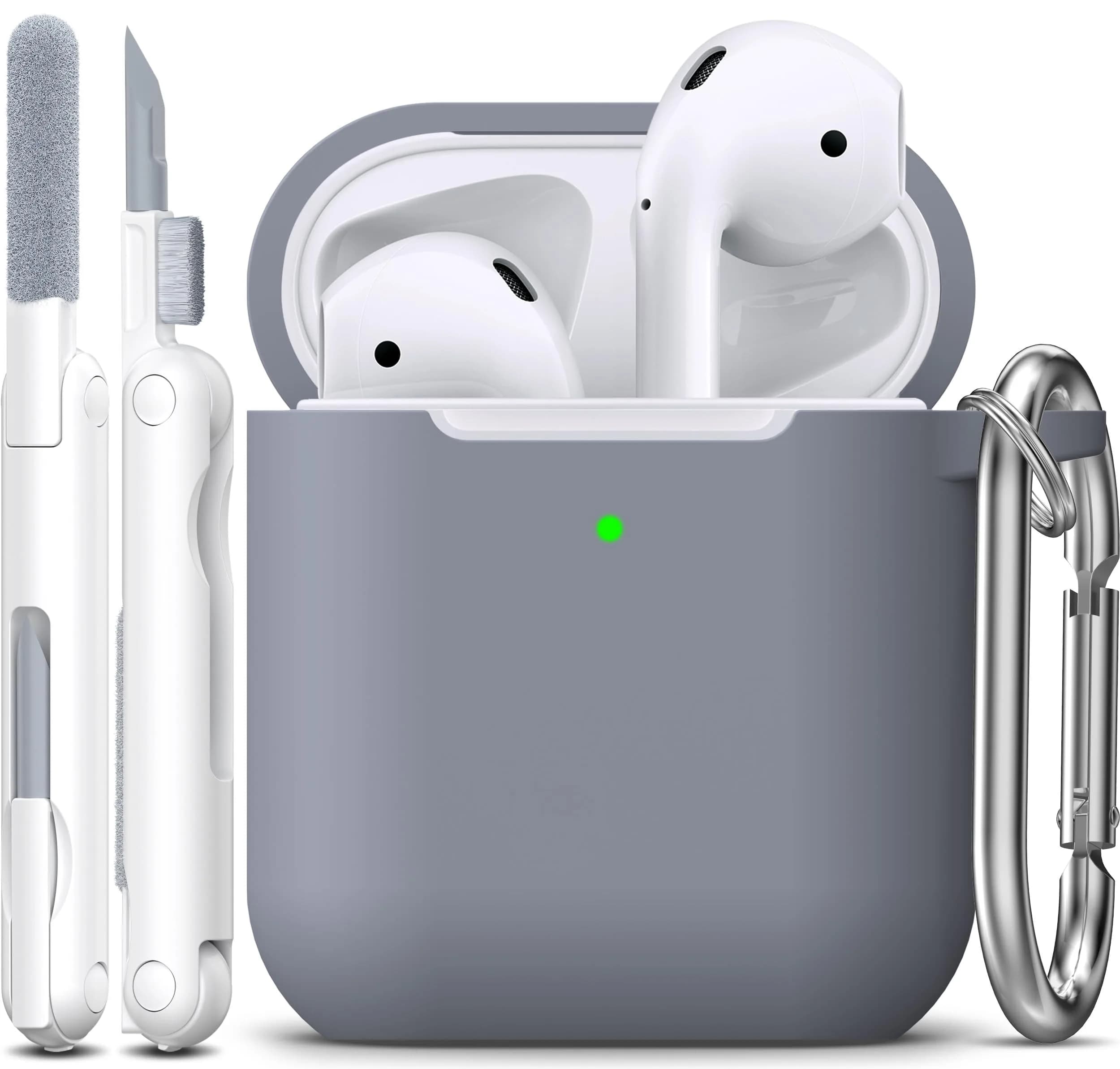 R-fun Dark Gray Silicone Case for AirPods 1st & 2nd Gen | Protective Cover with Carabiner & Cleaner Kit