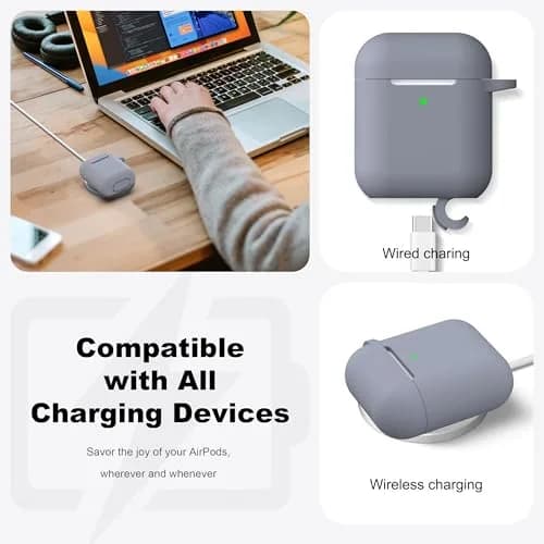 R-fun Dark Gray Silicone Case for AirPods 1st & 2nd Gen | Protective Cover with Carabiner & Cleaner Kit thumbnail 4
