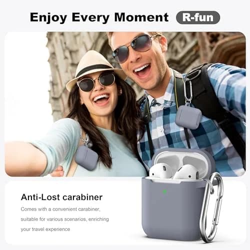 R-fun Dark Gray Silicone Case for AirPods 1st & 2nd Gen | Protective Cover with Carabiner & Cleaner Kit thumbnail 2