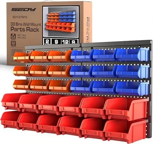 SEDY 30-Bin Wall-Mounted Storage Rack System with Peg Boards, 64cm x 38cm x 18.5cm | Organize Tools, Hardware, and Small Parts thumbnail 1
