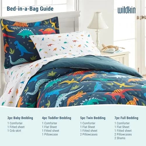 Wildkin Jurassic Dinosaurs 4-Piece Toddler Bed in a Bag Set - 132cm x 71cm (52" x 28") | OEKO-TEX Certified Cotton Comforter & Sheets thumbnail 6