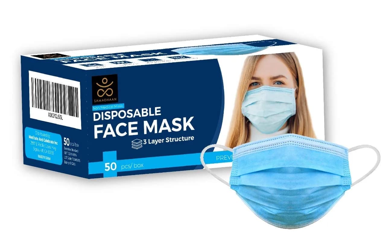 Samadhaan 3-Layer Disposable Face Masks, 50 Count (Blue) | Breathable Filtration for Daily Use