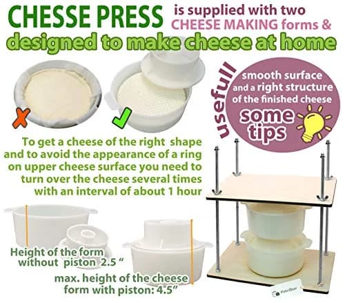 PetriStor Wooden Cheese Press with 2 Cheese Mold, 1.3Qt | Home Cheese Making Kit for Hard & Soft Cheeses thumbnail 2