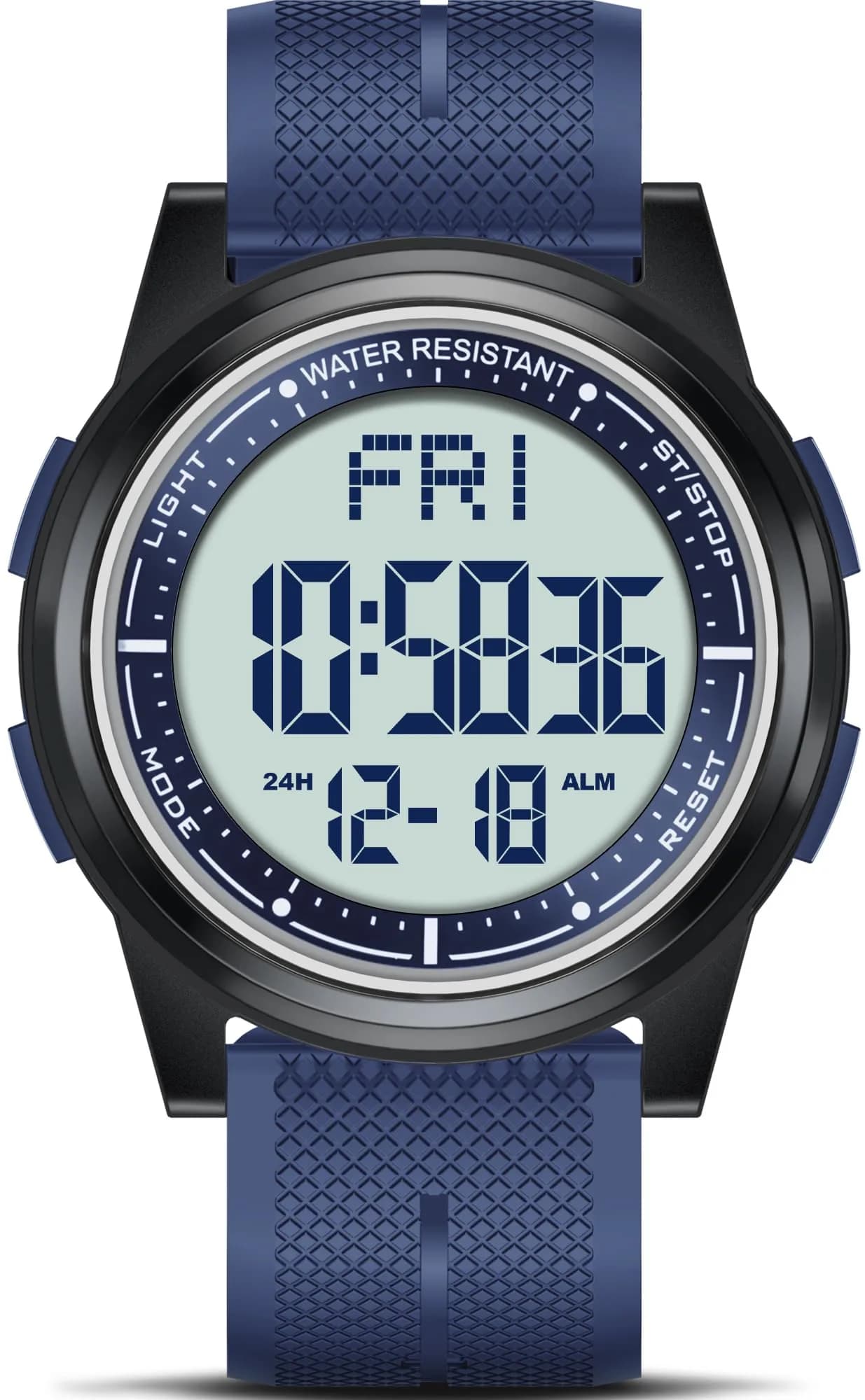 Beeasy Digital Watch for Men Women 44mm Black Silicone | Ultra-Thin Lightweight Sports Watch with Alarm Stopwatch Countdown — Blue