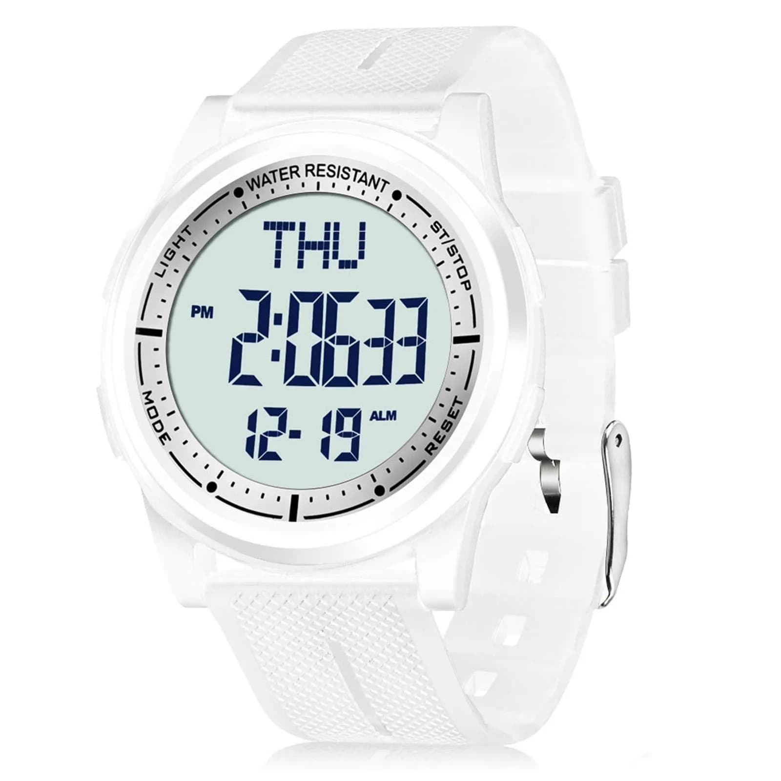 Beeasy Digital Watch for Men Women 44mm Black Silicone | Ultra-Thin Lightweight Sports Watch with Alarm Stopwatch Countdown — White