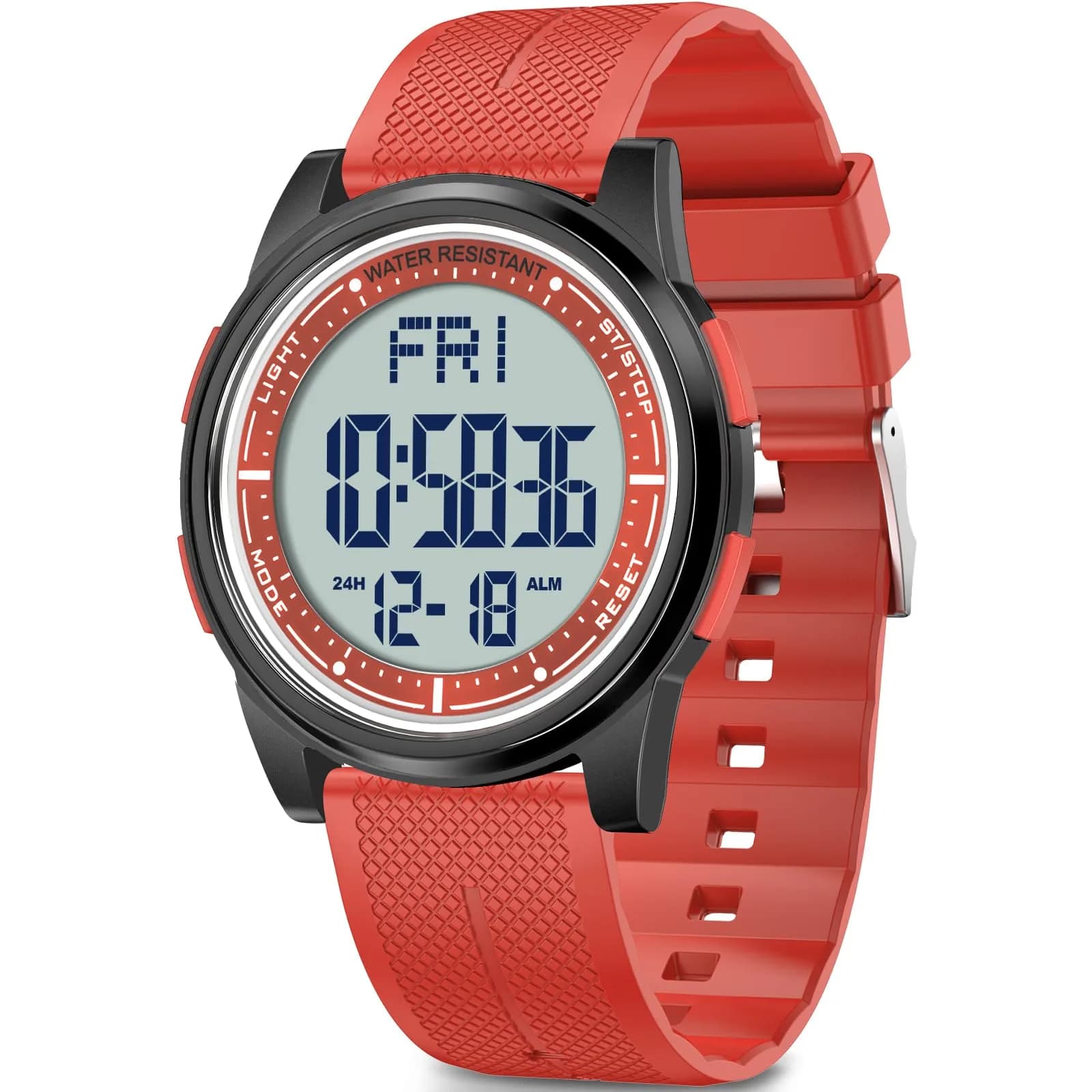 Beeasy Digital Watch for Men Women 44mm Black Silicone | Ultra-Thin Lightweight Sports Watch with Alarm Stopwatch Countdown — Red