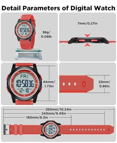 Beeasy Digital Watch Waterproof with Stopwatch Alarm Countdown Dual Time, Ultra-Thin 6.6mm Case, 50m Water-Resistant, Red thumbnail 9