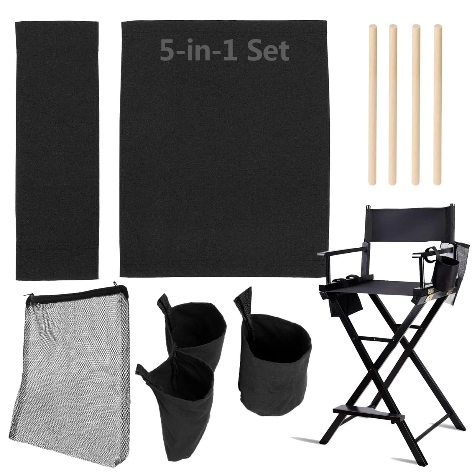 STAY GENT Director Chair Replacement Canvas Set with Storage - White | 5-in-1 Upgrade for Makeup Artist Chairs — Black
