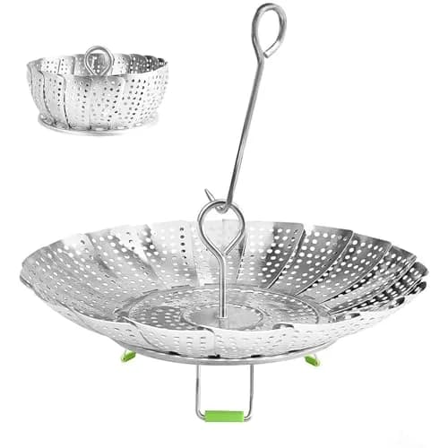 JMTEEA Stainless Steel Steamer Basket with Folding Silicone Feet & Safety Tool, 15.6cm (6.1" to 9.5") Adjustable Diameter | Healthy Cooking for Veggies, Fish, Seafood thumbnail 1
