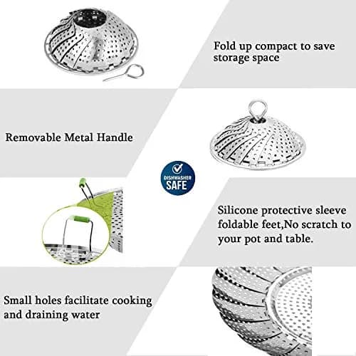 JMTEEA Stainless Steel Steamer Basket with Folding Silicone Feet & Safety Tool, 15.6cm (6.1" to 9.5") Adjustable Diameter | Healthy Cooking for Veggies, Fish, Seafood thumbnail 3