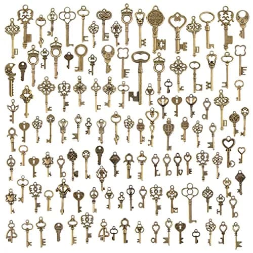 CHuangQi Vintage Skeleton Keys Set 125pcs | Steampunk Antique Bronze Jewelry Charms thumbnail 1