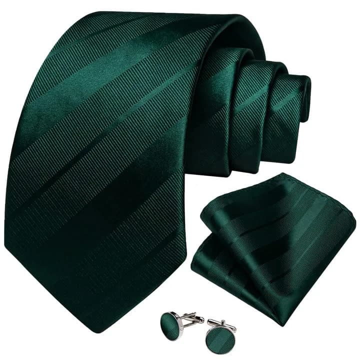 DiBanGu Forest Green Solid Silk Necktie Set with Pocket Square & Cufflinks | 59 inches x 3.15 inches thumbnail 3