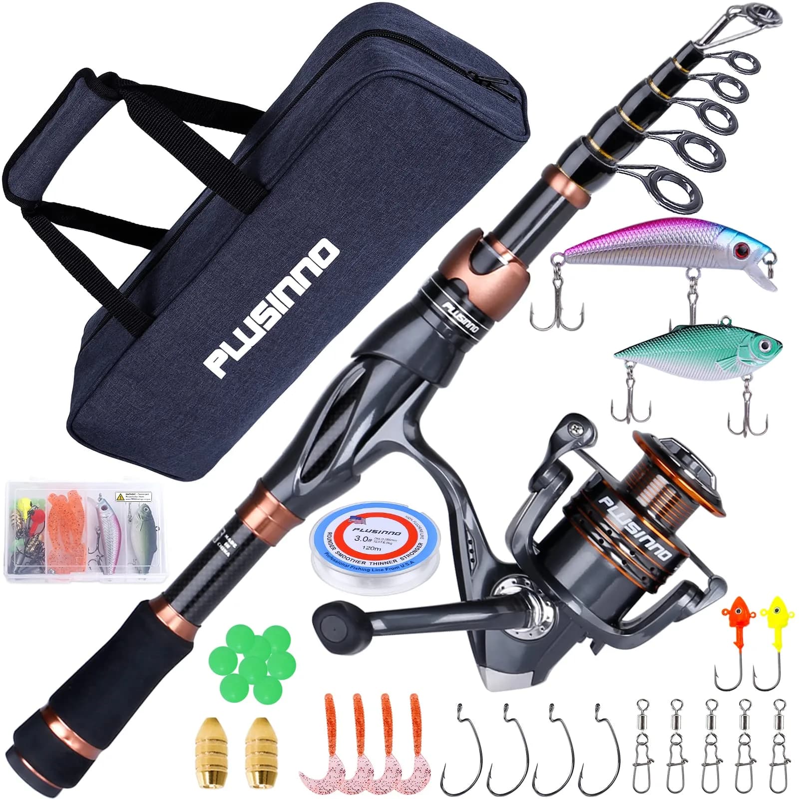 PLUSINNO Bronze Warrior Telescopic Fishing Rod and Reel Combo 2.10M (6.89FT) | Portable Freshwater Fishing Gear with 12+1 Bearings — 7.87FT