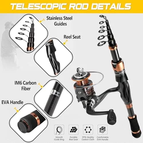 PLUSINNO Fishing Rod and Reel Combos, Bronze Warrior, 5.91FT Telescopic Carbon Pole, 12+1 Bearings, Freshwater Travel Gear thumbnail 3