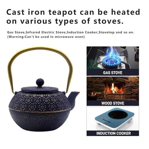 YJX Cast Iron Tea Kettle with Stainless Steel Infuser, 1000ml (33.8oz) | Japanese Tetsubin Design thumbnail 3