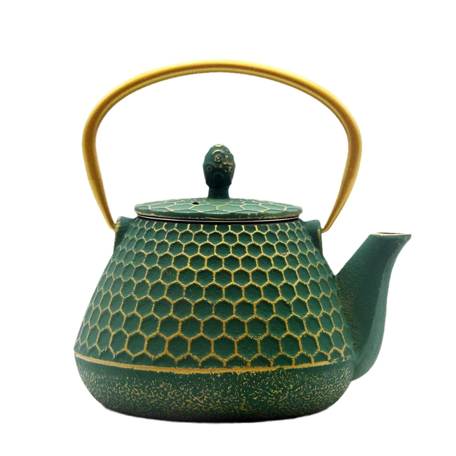 YJX Cast Iron Tea Kettle for Stovetop, 1000ml (34oz) Green Hexagon Pattern with Stainless Steel Infuser | Brew Sweet Tea