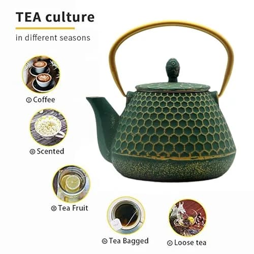 YJX Cast Iron Tea Kettle for Stovetop, 1000ml (34oz) Green Hexagon Pattern with Stainless Steel Infuser | Brew Sweet Tea thumbnail 9